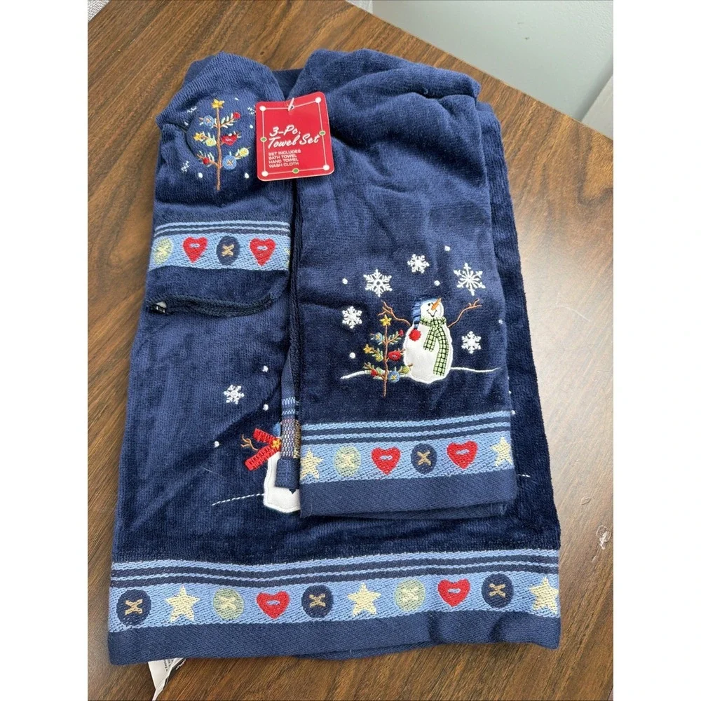 Navy Snow Man Embroidered Set 3 Piece Set - Bath, Hand, Washcloth Christmas Set